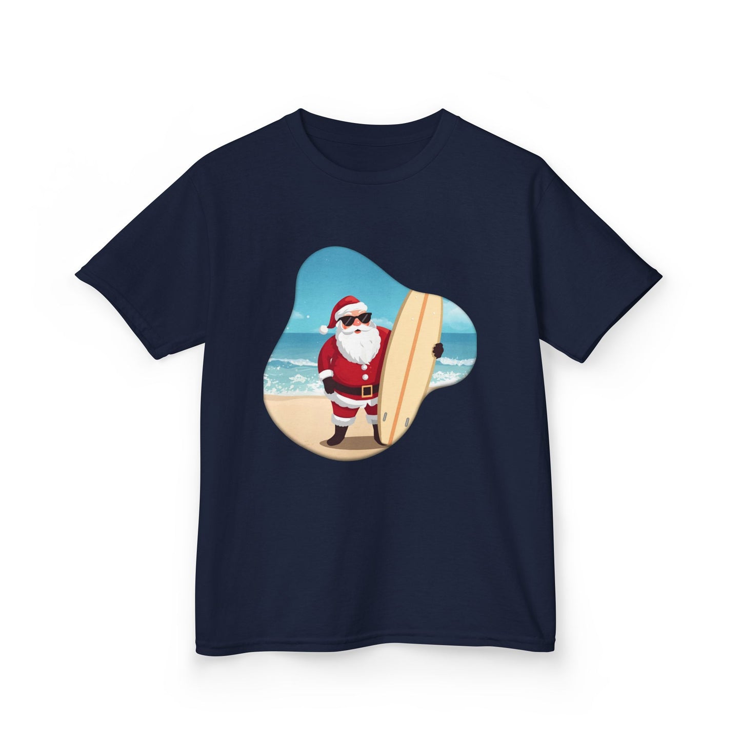 Surfing Santa Kids Tee, Kids Holiday Shirt, Christmas Gift for Kids, Summer Vacation Apparel, Fun Beachwear for Children