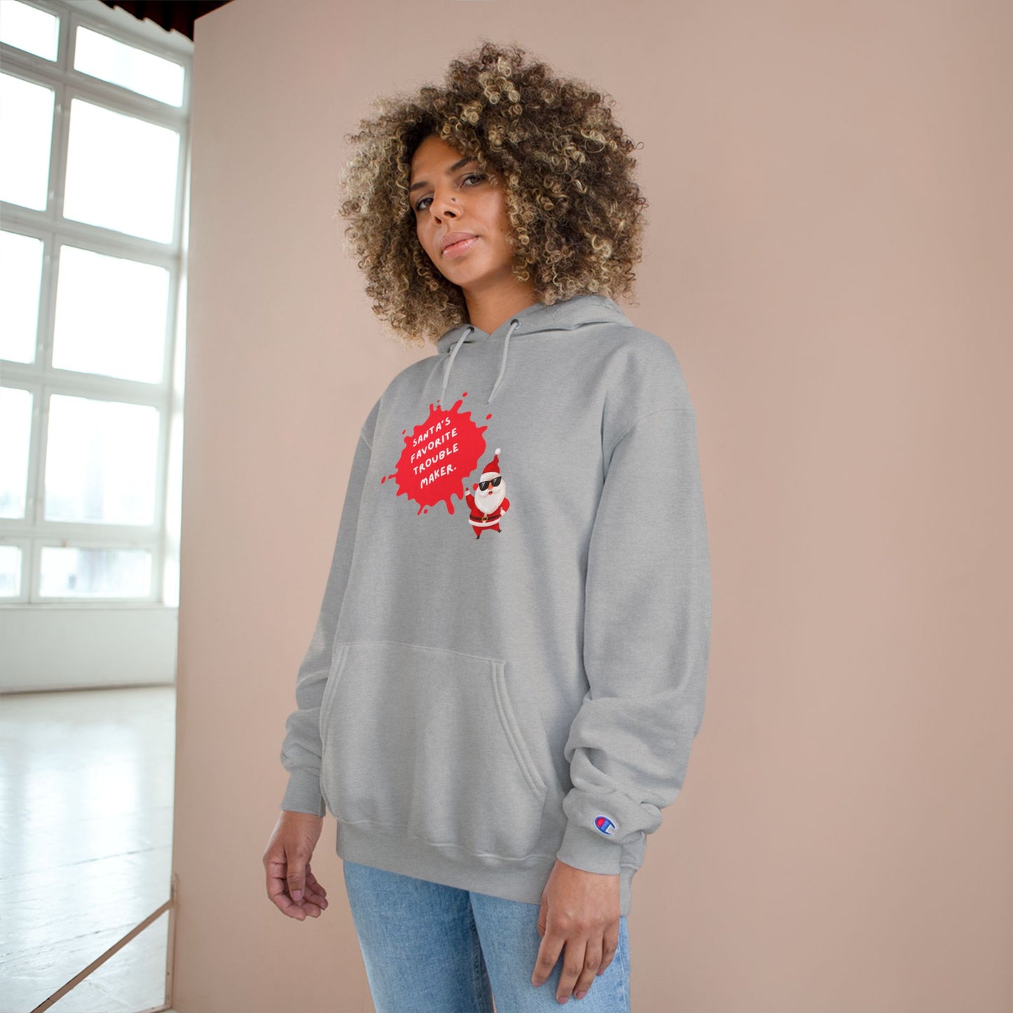 Fun Holiday Hoodie with Santa Design, Christmas Gift, Cozy Winter Wear, Funny Sweatshirt, Unisex Champion Hoodie