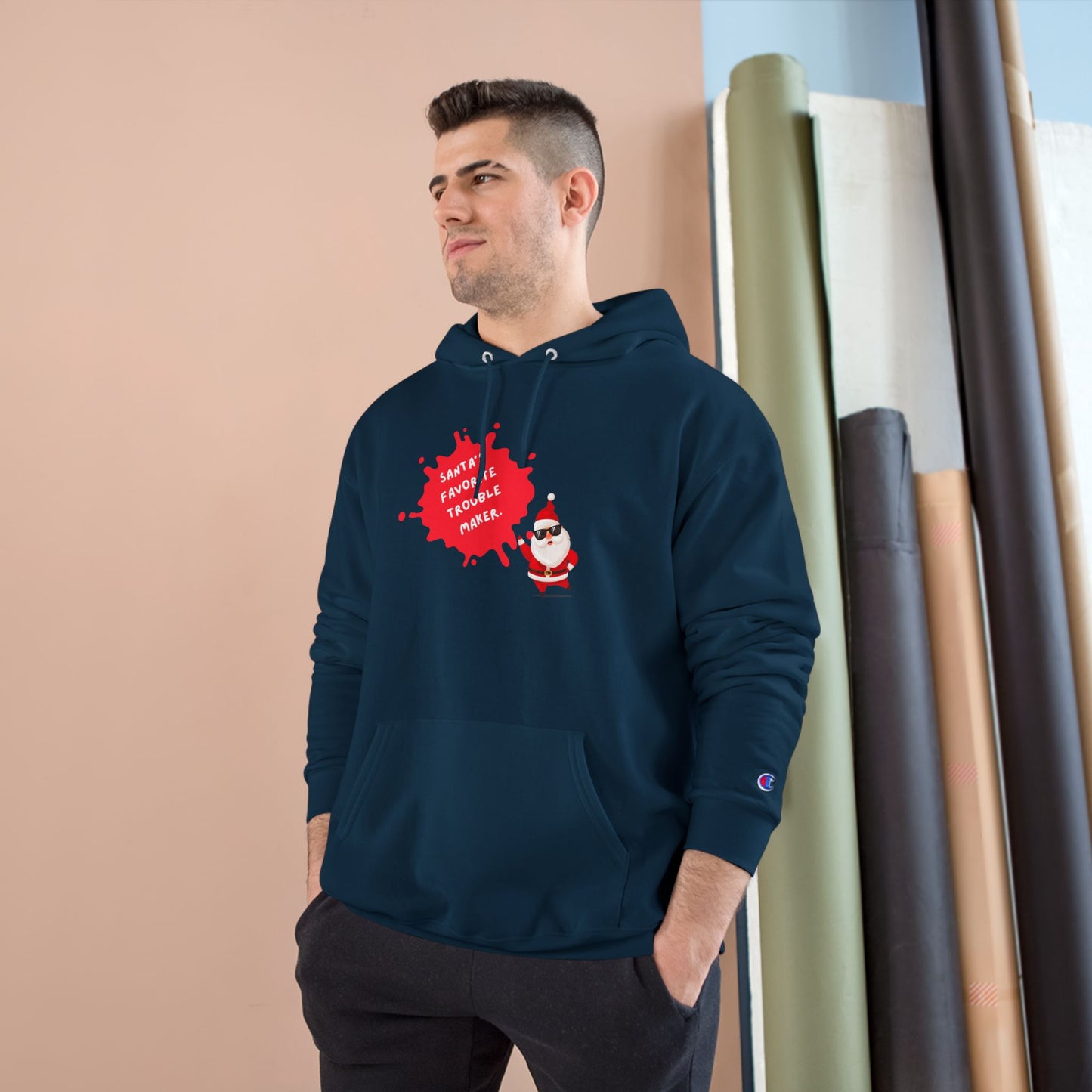 Fun Holiday Hoodie with Santa Design, Christmas Gift, Cozy Winter Wear, Funny Sweatshirt, Unisex Champion Hoodie