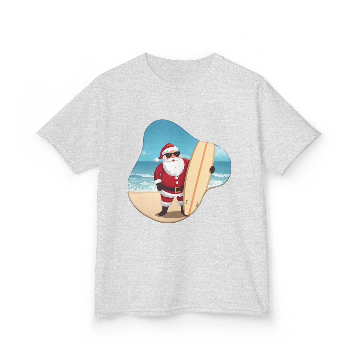 Surfing Santa Kids Tee, Kids Holiday Shirt, Christmas Gift for Kids, Summer Vacation Apparel, Fun Beachwear for Children