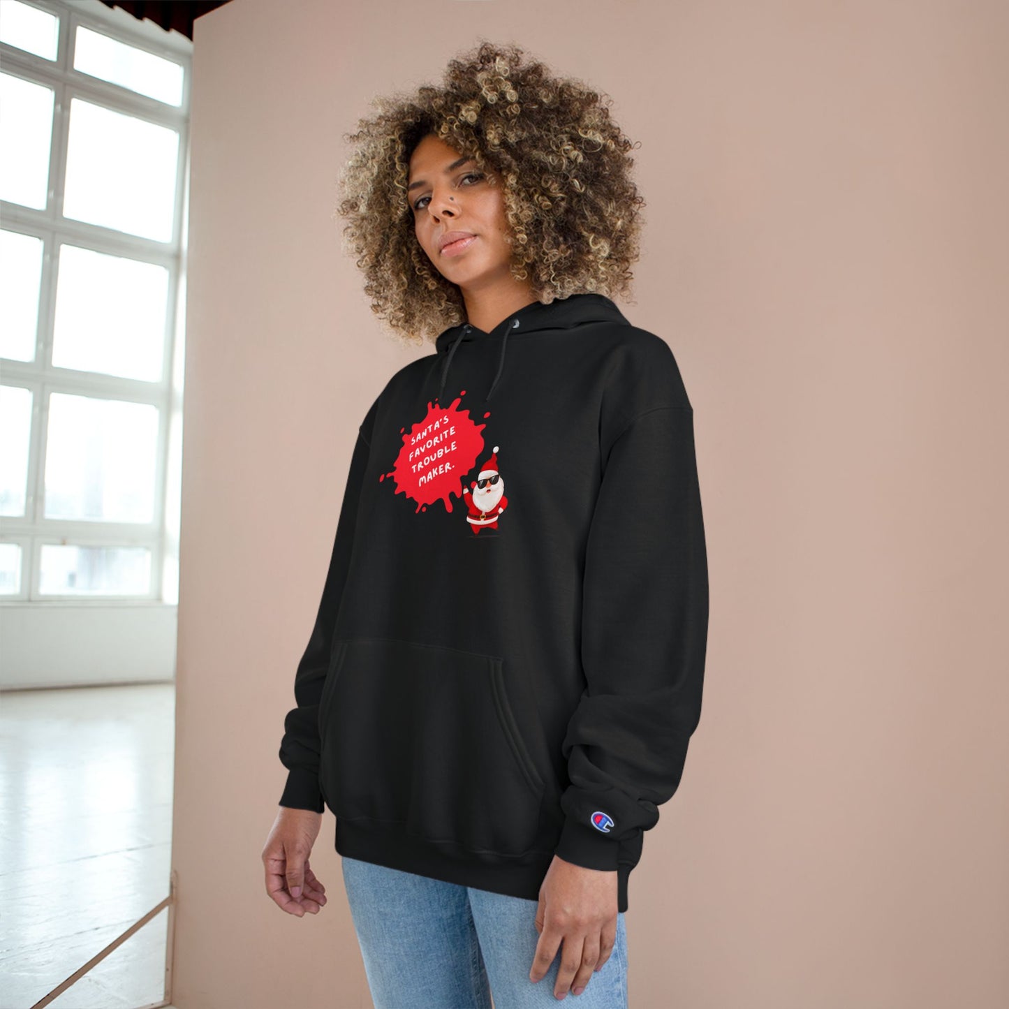 Fun Holiday Hoodie with Santa Design, Christmas Gift, Cozy Winter Wear, Funny Sweatshirt, Unisex Champion Hoodie