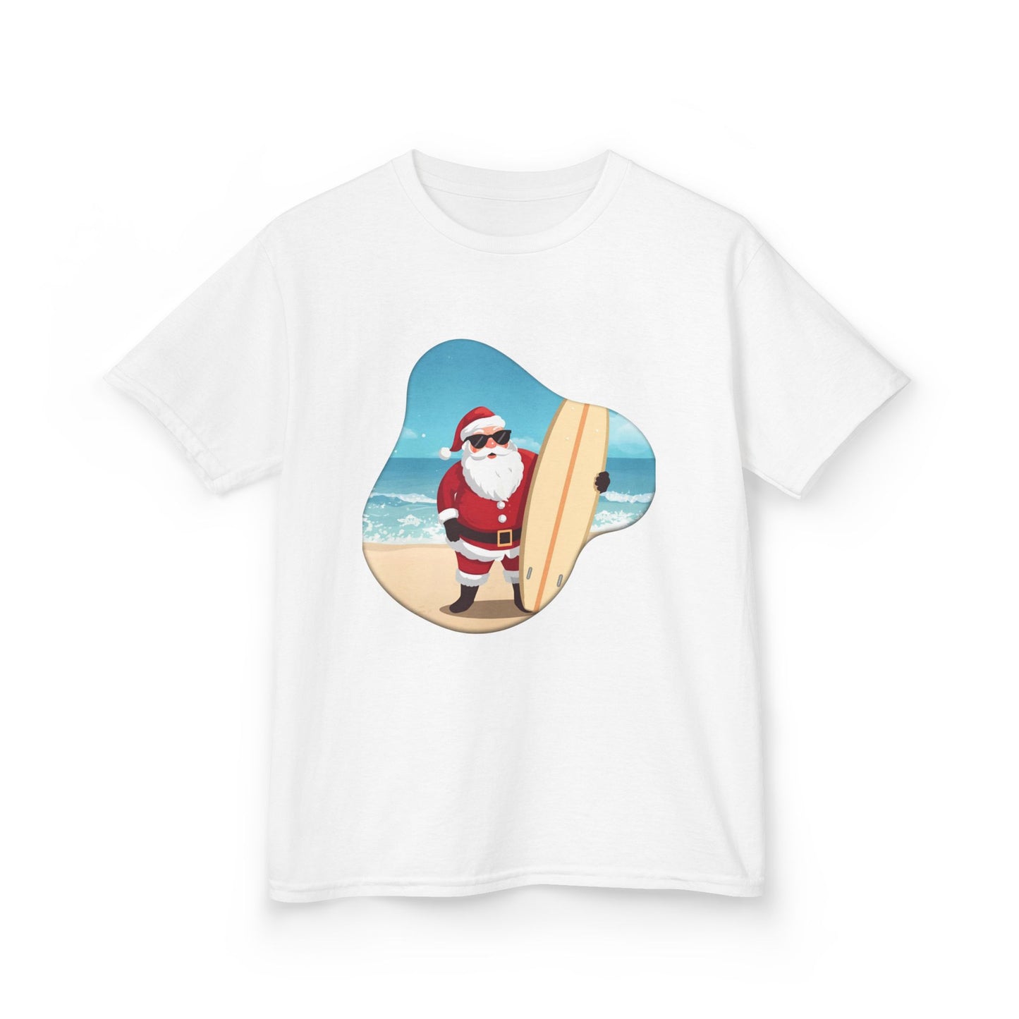 Surfing Santa Kids Tee, Kids Holiday Shirt, Christmas Gift for Kids, Summer Vacation Apparel, Fun Beachwear for Children