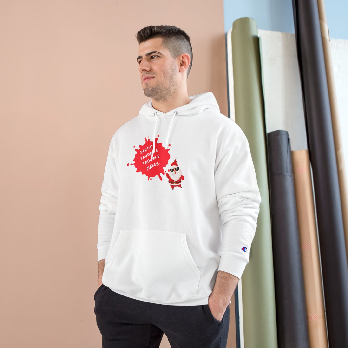 Fun Holiday Hoodie with Santa Design, Christmas Gift, Cozy Winter Wear, Funny Sweatshirt, Unisex Champion Hoodie