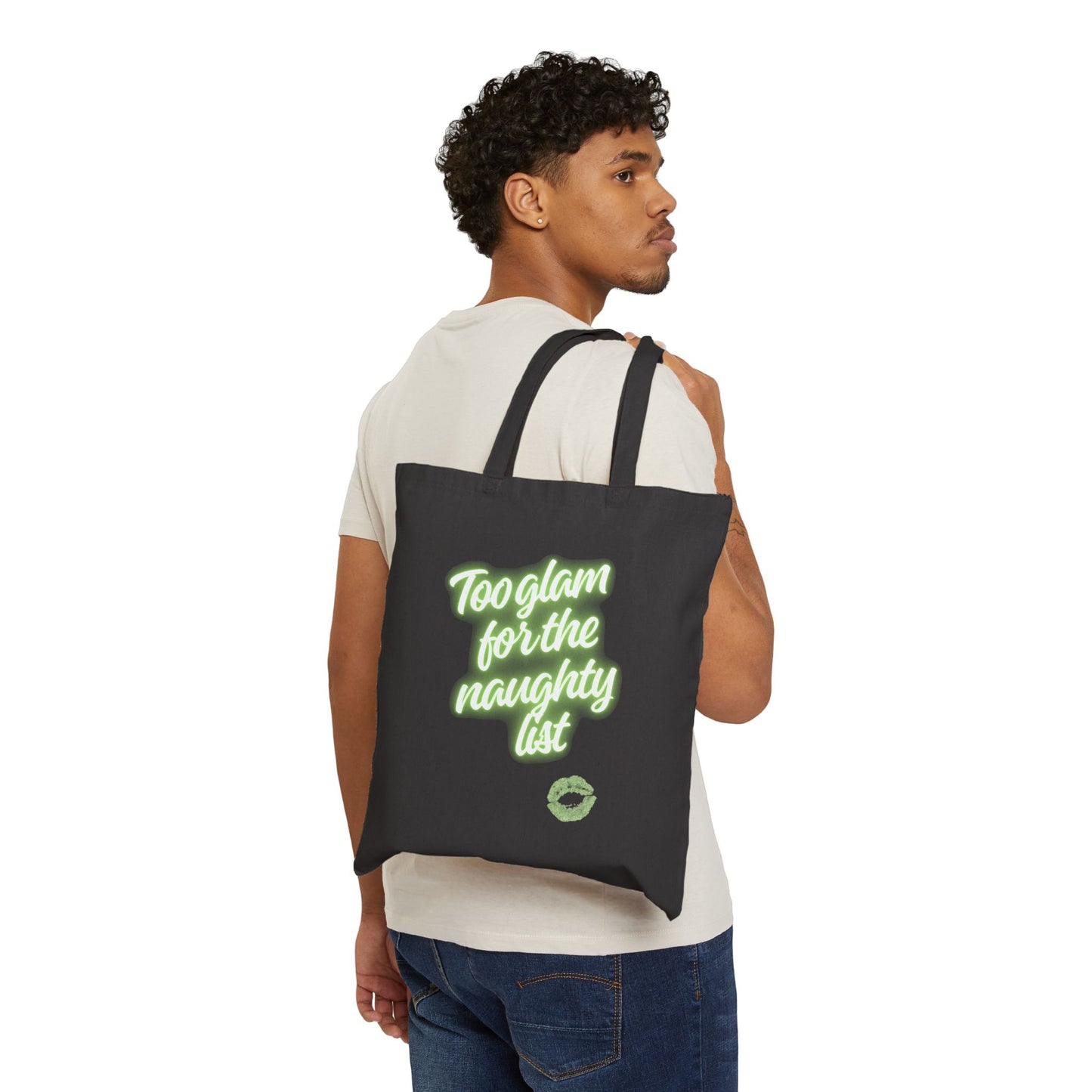 Glamorous Cotton Canvas Tote Bag - Too Glam for the Naughty List, Reusable Bag, Holiday Gift, Fashion Accessories, Chic Tote