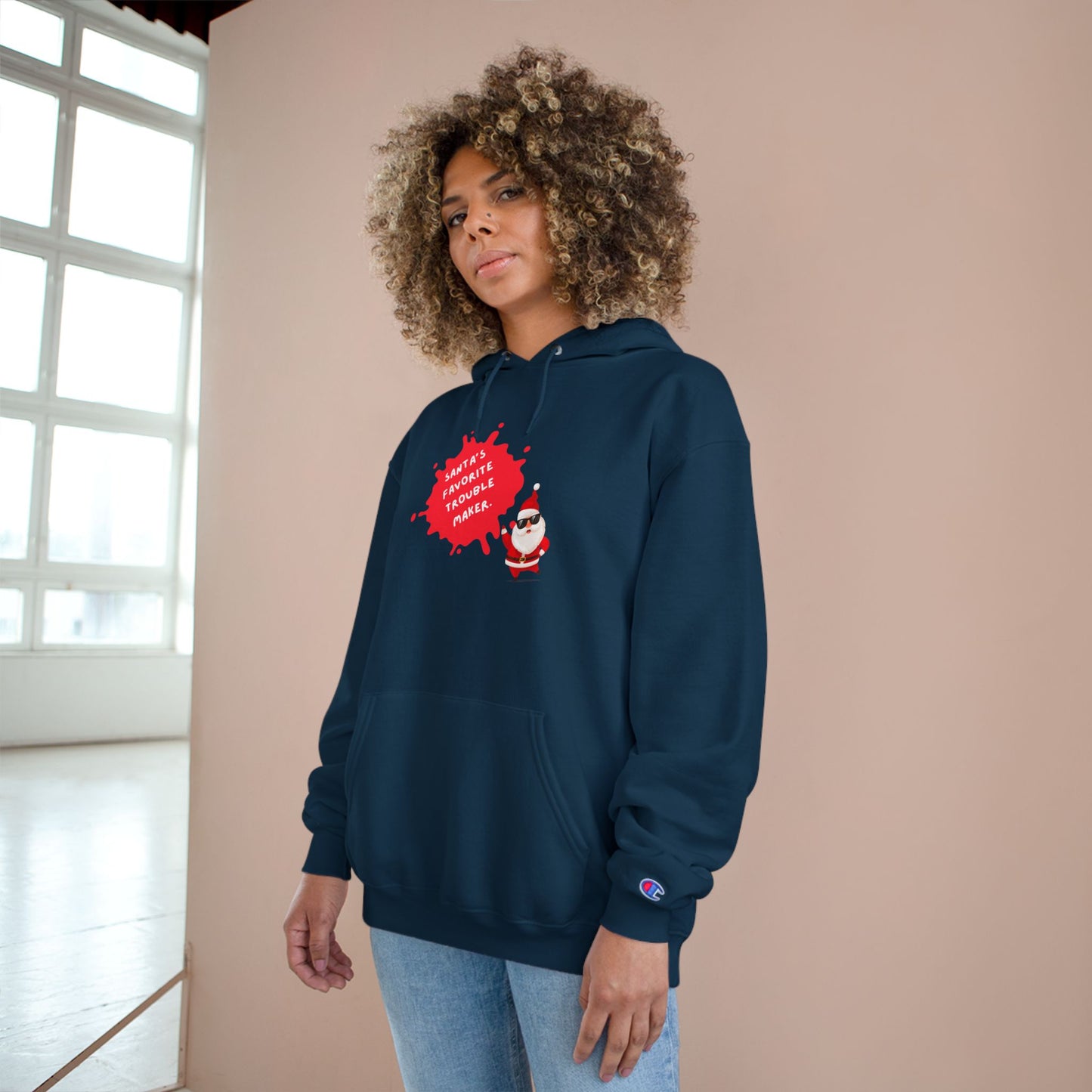 Fun Holiday Hoodie with Santa Design, Christmas Gift, Cozy Winter Wear, Funny Sweatshirt, Unisex Champion Hoodie