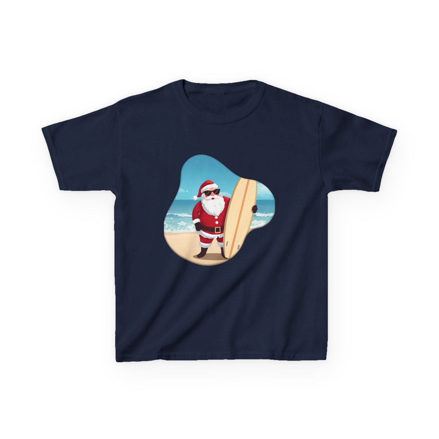 Surfing Santa Kids Tee, Kids Holiday Shirt, Christmas Gift for Kids, Summer Vacation Apparel, Fun Beachwear for Children