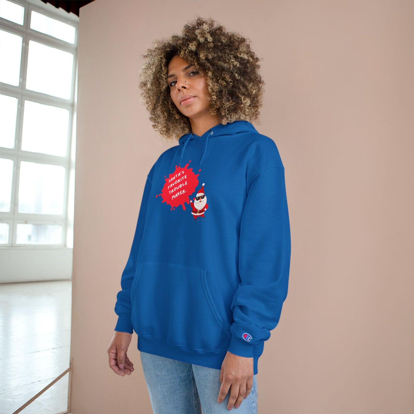 Fun Holiday Hoodie with Santa Design, Christmas Gift, Cozy Winter Wear, Funny Sweatshirt, Unisex Champion Hoodie