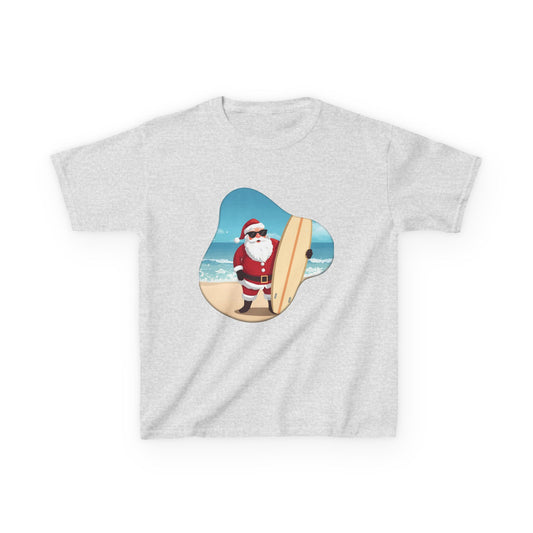 Surfing Santa Kids Tee, Kids Holiday Shirt, Christmas Gift for Kids, Summer Vacation Apparel, Fun Beachwear for Children