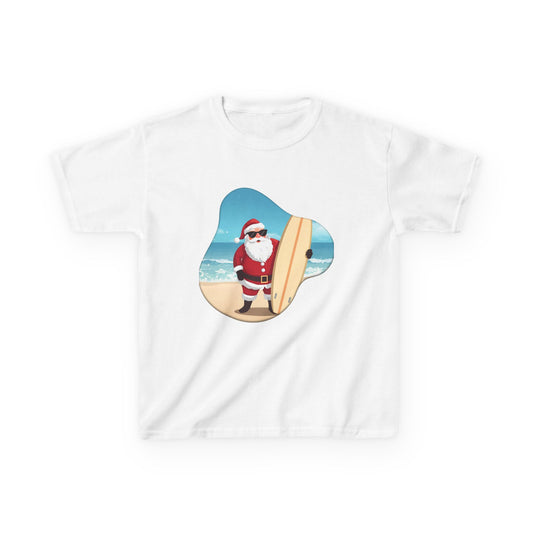 Surfing Santa Kids Tee, Kids Holiday Shirt, Christmas Gift for Kids, Summer Vacation Apparel, Fun Beachwear for Children